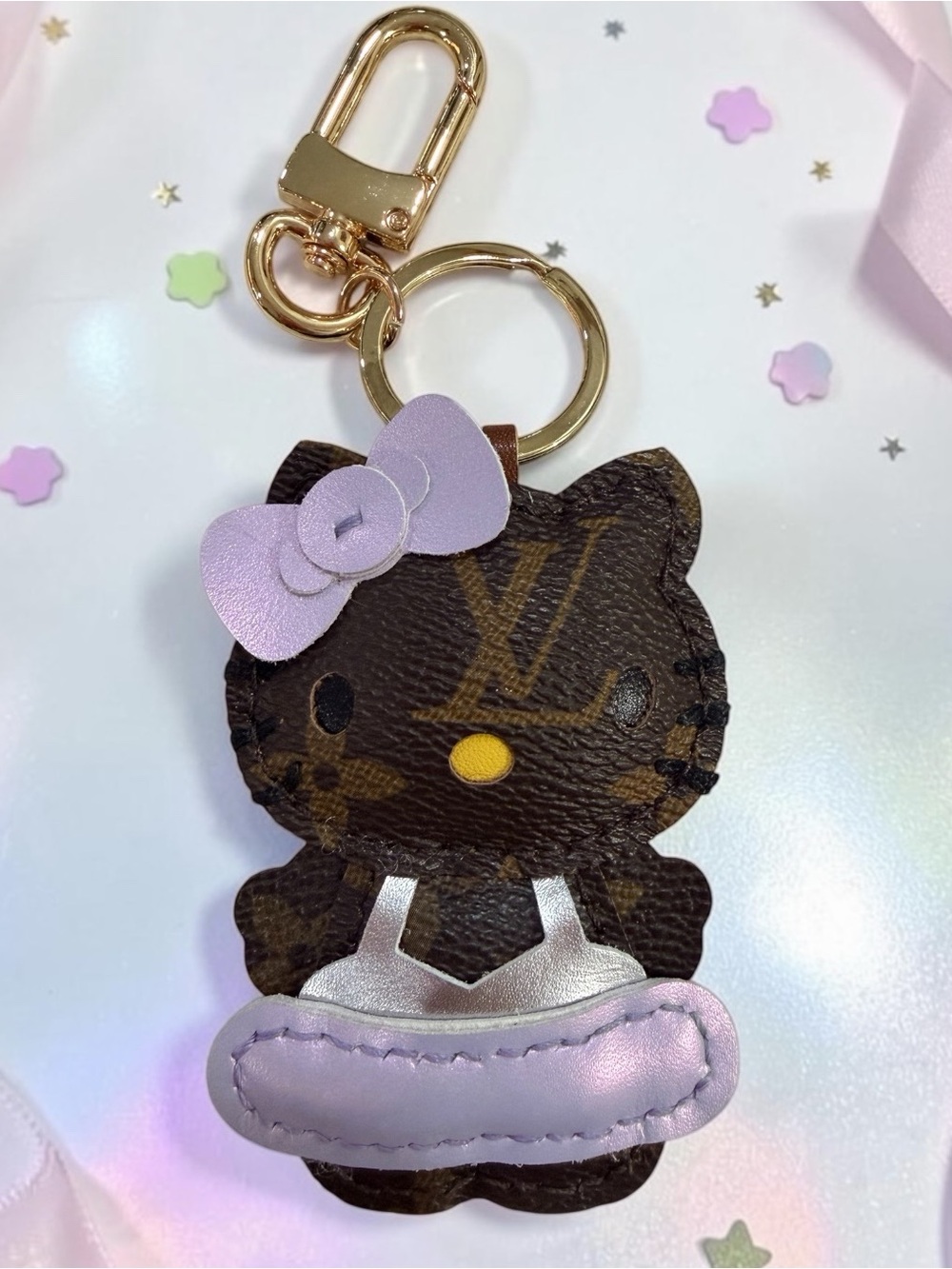 Handmade HK Style Upcycled Leatherette Keychain Charm in Brown and Lavender